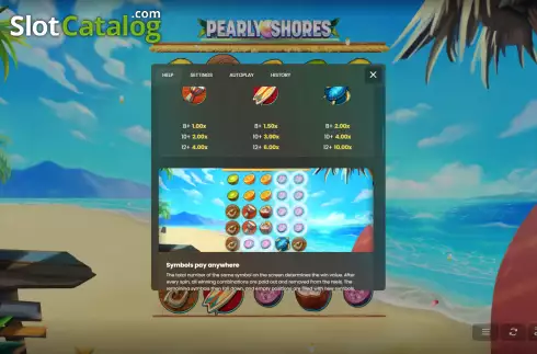 Paytable and Pay Anywhere screen. Pearly Shores slot