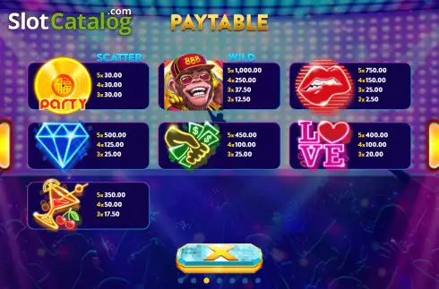 Paytable screen. Party Monkey slot