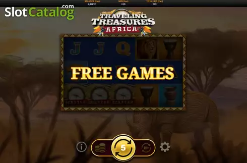Free Games screen. Traveling Treasures Africa slot