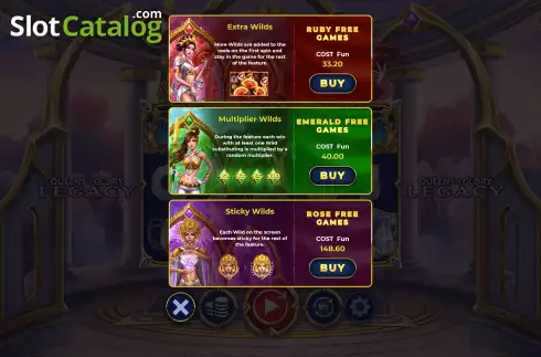 Buy Feature Screen. Queen of Glory Legacy slot