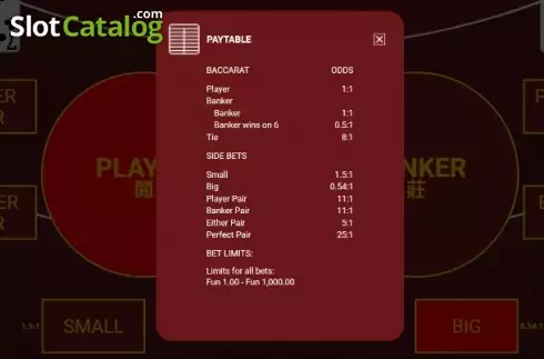Paytable 1. Bitcoin Baccarat no commission slot