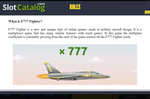 Rules Screen. F777 Fighter slot