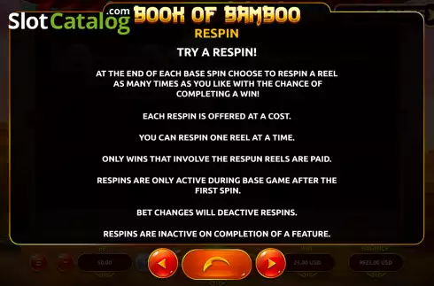 Respin screen. Book of Bamboo slot
