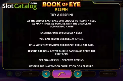 Respin screen. Book of Eye slot