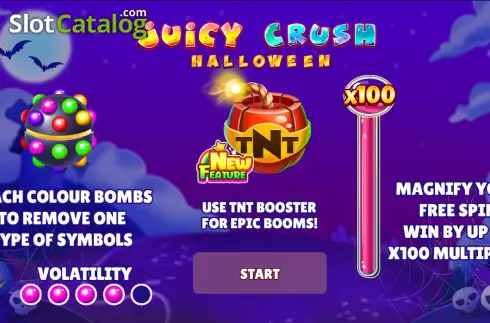 Intro screen. Juicy Crush Halloween slot