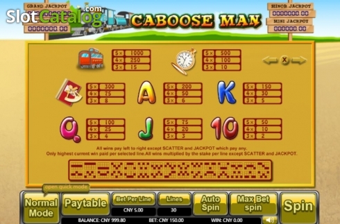 Paytable. Caboose Man slot