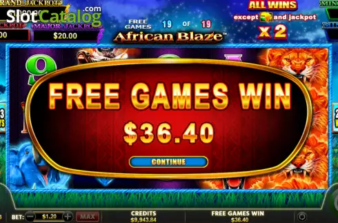 Win Free Spins screen. African Blaze slot