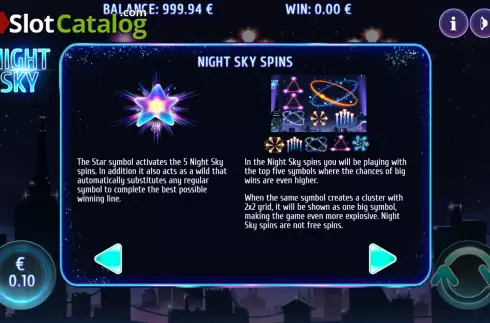 Features screen. Night Sky slot