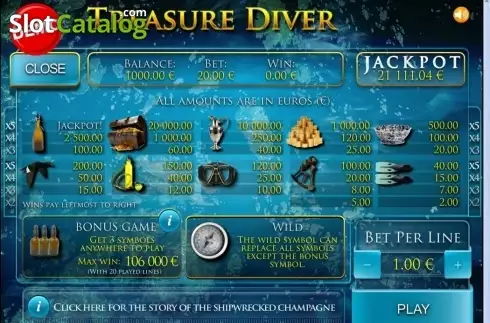Paytable 1. Treasure Diver (PAF) slot