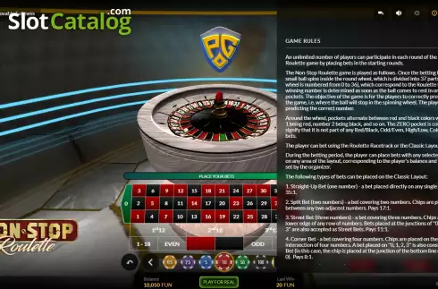 Game Rules screen. Non-Stop Roulette slot