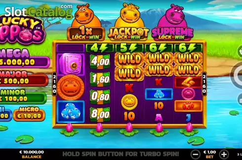 Game Screen. 3 Lucky Hippos slot