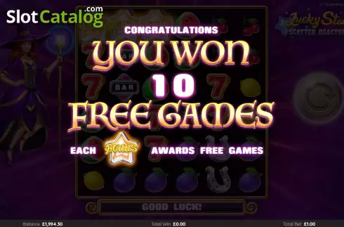 Free Spins screen. Lucky Stars Scatter Reactors slot