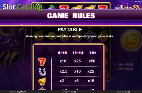 PayTable screen. Lucky Stars Scatter Reactors slot