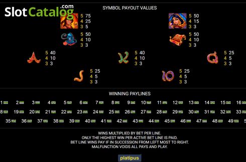 Paytables and paylines screen. 1001 Spins slot