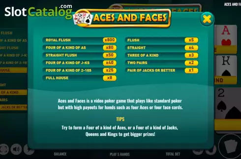 PayTable screen. Aces and Faces (Platipus) slot