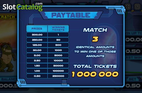 Paytable screen. Space Hunters Scratch Card slot