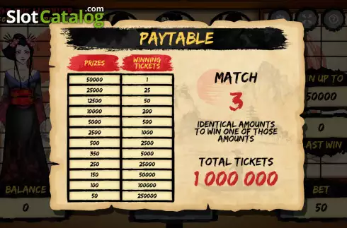 Paytable screen. Way of the Warrior Scratchcard slot