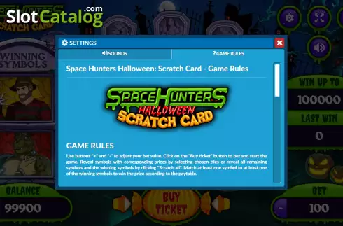 Game Rules screen. Space Hunters Halloween Scratch Card slot