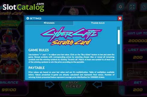 Game Rules screen 2. Cyber Catz Scratch Card slot