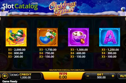 Paytable screen. Feature Buy Christmas Express slot