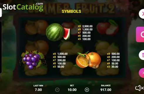 Paytable screen. Summer Fruit 2 slot