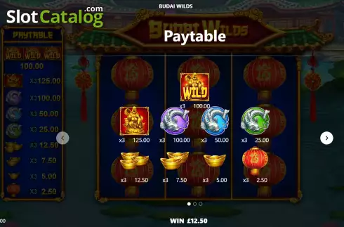 PayTable screen. Budai Wilds slot