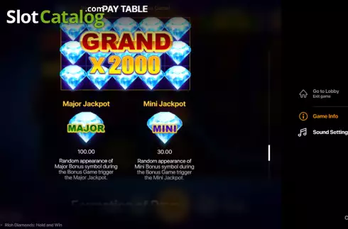 Jackpot screen. Rich Diamonds Hold and Win slot