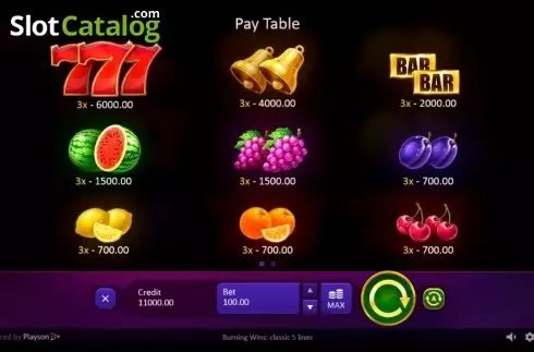 Paytable. Burning Wins: classic 5 lines slot