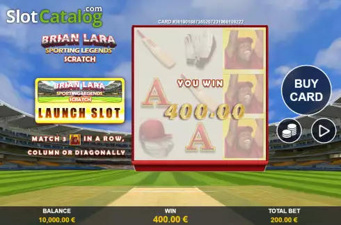 Win screen. Brian Lara Sporting Legends Scratch slot
