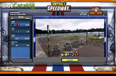Game screen. Virtual! Speedway (Playtech Vikings) slot