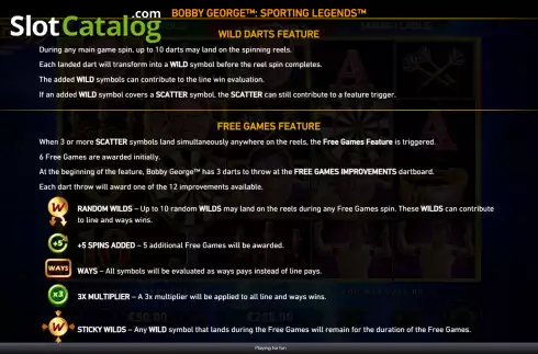 Features screen. Bobby George Sporting Legends slot