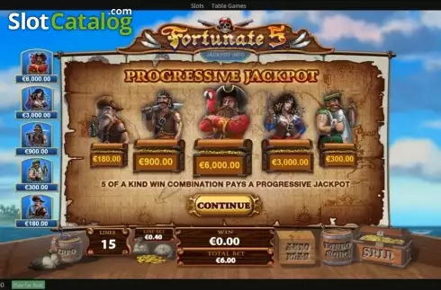 Jackpot description screen. Fortunate Five slot