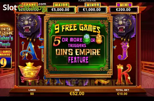 Free Games screen. Qin's Empire: Caishen's Temple slot