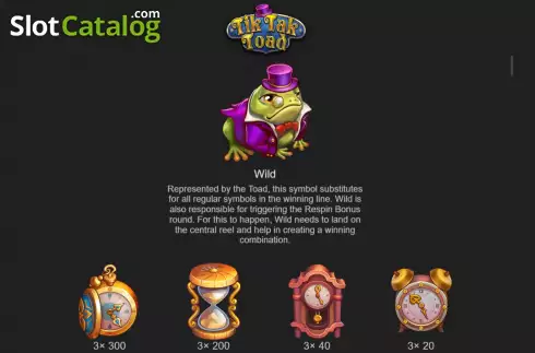 Game Features screen. Tik Tak Toad slot