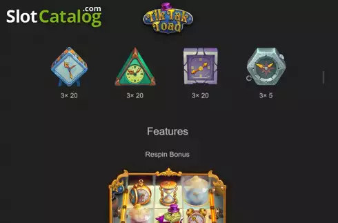 Game Features screen 2. Tik Tak Toad slot
