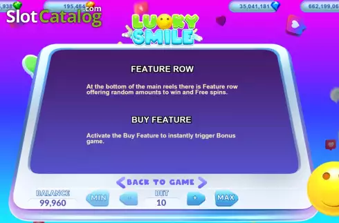 Game Features screen. Lucky Smile slot