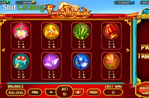 PayTable screen. Flaming Phoenix (Popok Gaming) slot