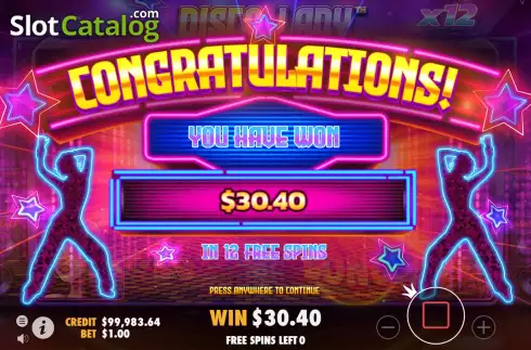 Total Win in Free Spins Screen. Disco Lady slot