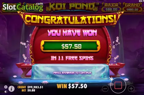 Total Win in Free Spins Screen. Koi Pond slot