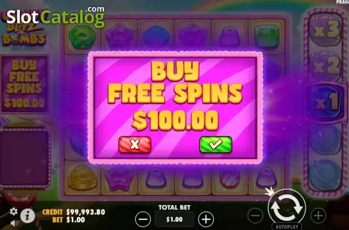 Buy Feature Screen. Candy Blitz Bombs slot