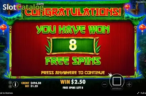 Free Spins Presentation screen. Panda's Fortune slot