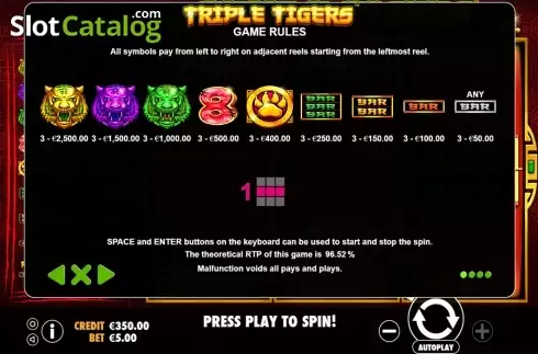 Paytable. Triple Tigers (Pragmatic Play) slot