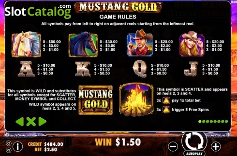 Paytable. Mustang Gold slot