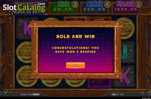 Bonus Game screen. Prospector Wilds Hold and Win slot