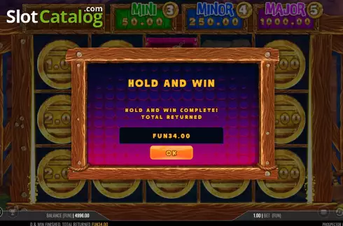 Win Bonus Game screen. Prospector Wilds Hold and Win slot