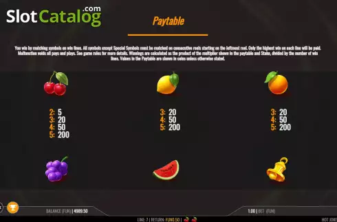 PayTable screen. Hot Joker Fruits Stacks slot