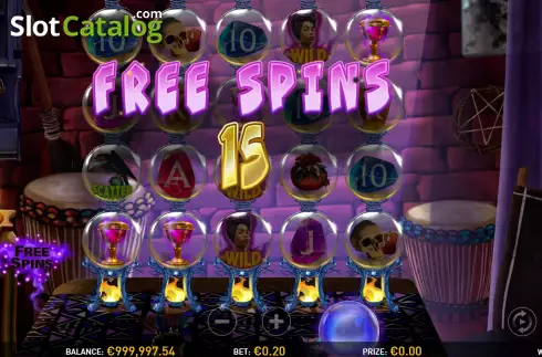 Free Spins screen. Witches South slot