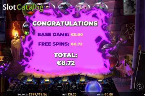 Win Free Spins screen. Witches South slot