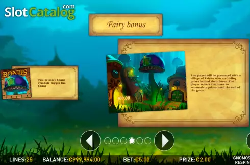 Fairy Bonus screen. Gnomos Respin slot
