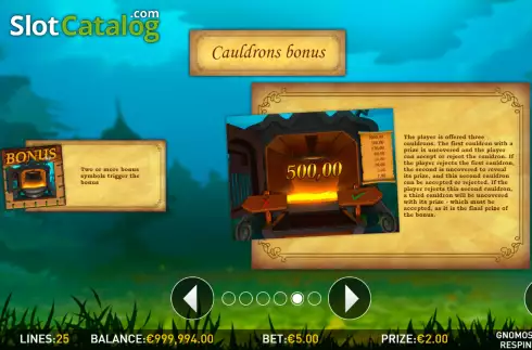 Cauldron Bonus screen. Gnomos Respin slot